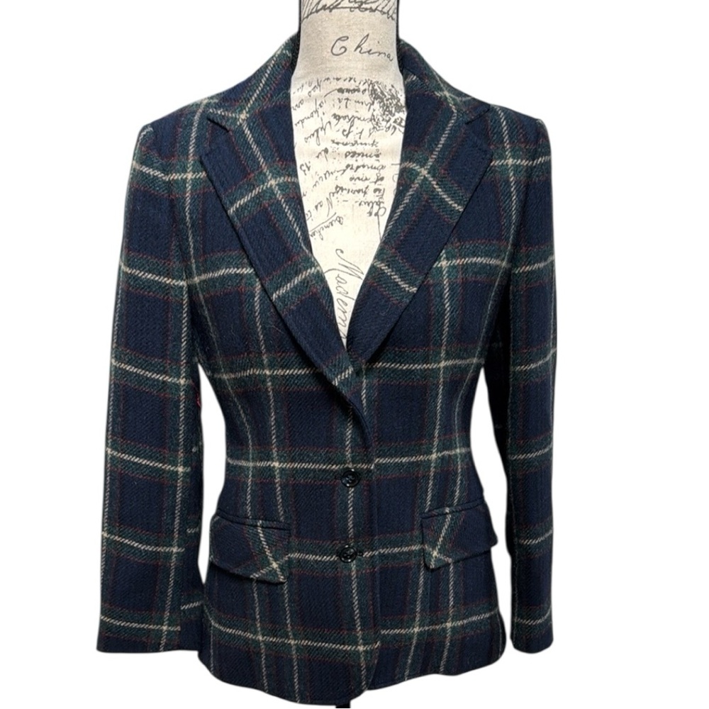 Vintage Blazer in Plaid Wool, Blue & Green with Notched Lapel
